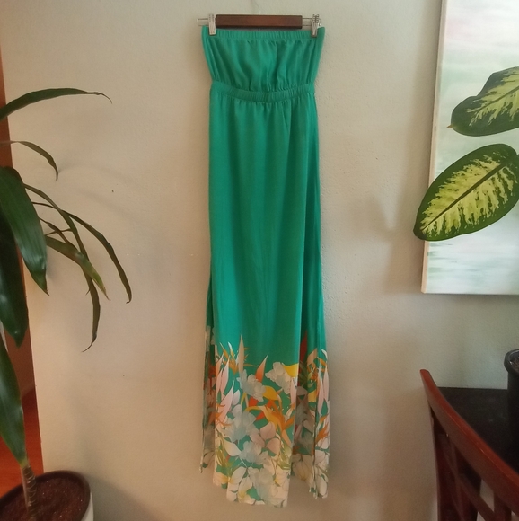 O'Neill Strapless Boho Tropical Floral Teal Resortwear Two Side Slit Flowy Maxi - Picture 3 of 11